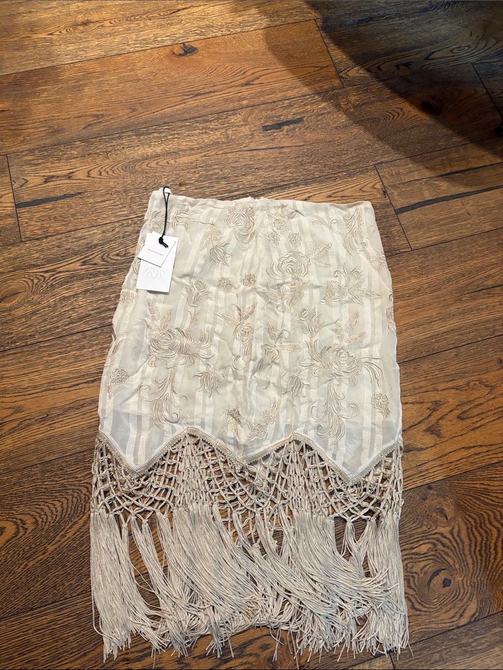 Zara Cream Embroidered Midi Skirt with Macramé Fringe
